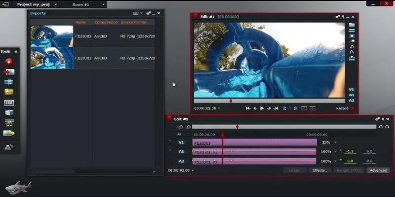 Lightworks video editing interface with timeline and tools.