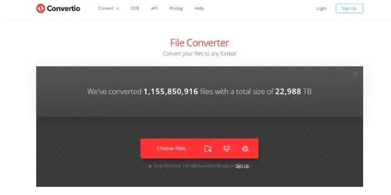 Convertio interface with drag-and-drop functionality
