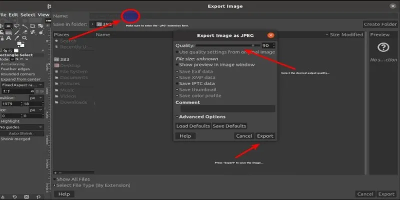 GIMP Export As Option