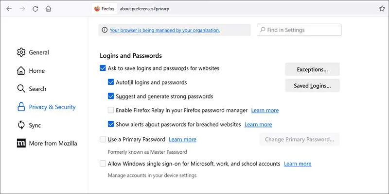 Site-specific settings for password managers