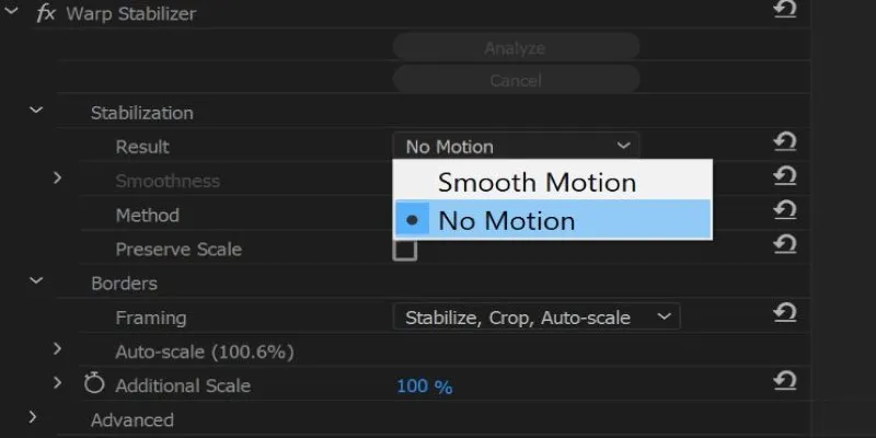 Adjusting Premiere Pro Warp Stabilizer settings