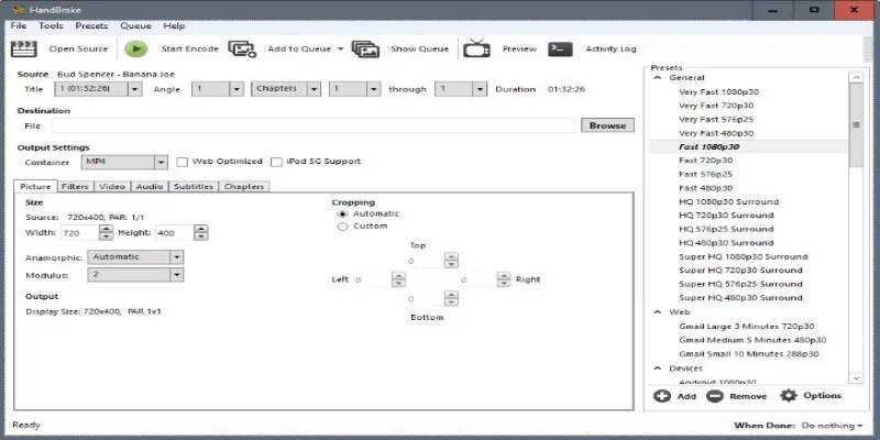 HandBrake interface displaying video conversion options