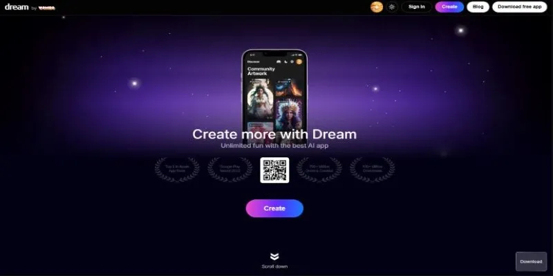Dream by Wombo interface and generated image