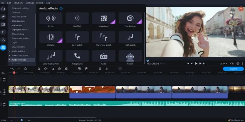 Movavi Video Editor Plus interface displaying drag-and-drop features