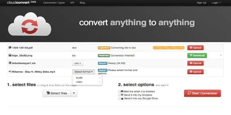 CloudConvert interface