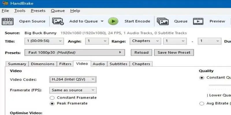 HandBrake software
interface